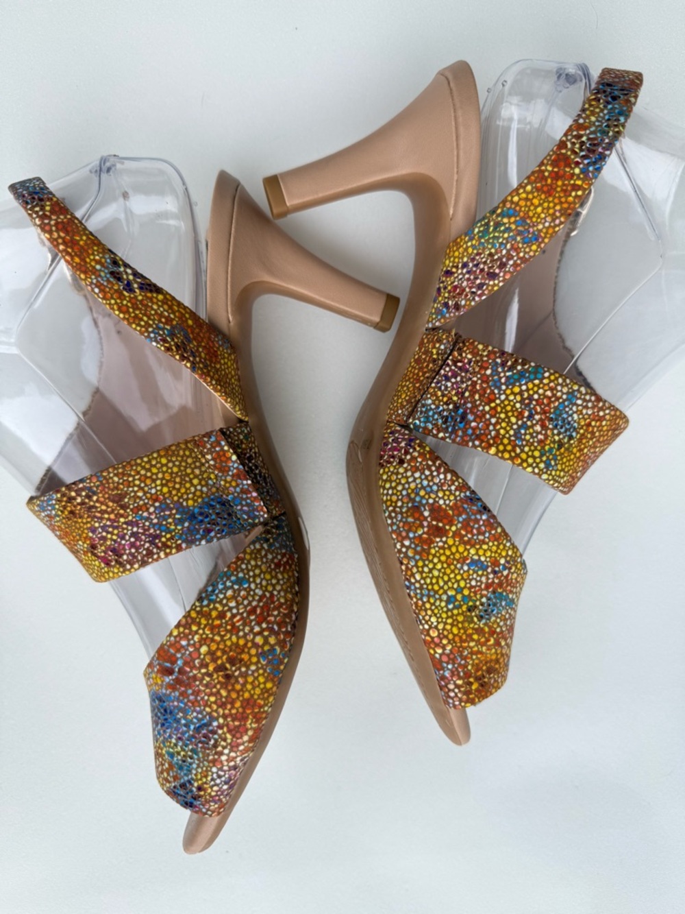 Alex Marie Mosaic Leather Multicolored Buckle Mid-Height Heeled Sandal Size 7.5M - Picture 3 of 9